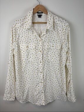 Eddie Bauer Classic Fit Button Shirt XL White Yellow Floral Lightweight Blouse